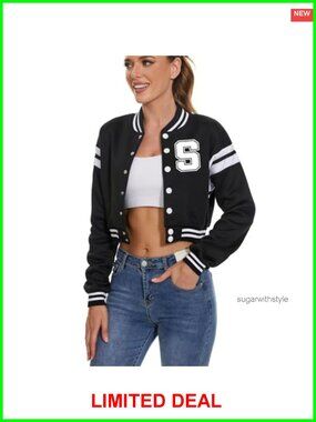 Vintage Crop Top Baseball Varsity Jacket Letter Print College Letterman Coat